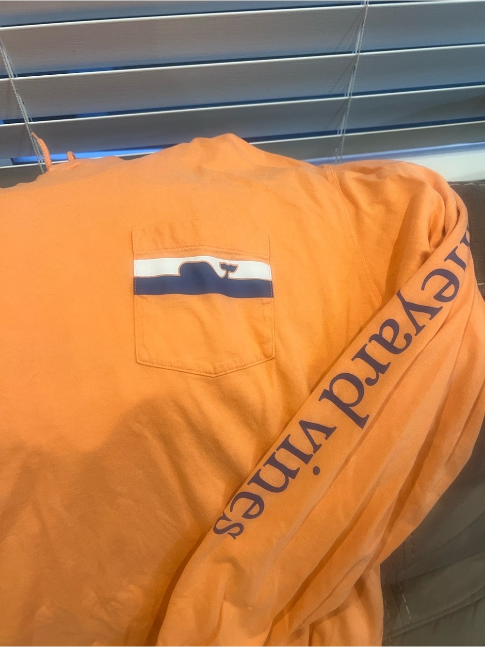 Vineyard Vines Orange Long-Sleeve Pocket Tee with Navy Logo Sleeve